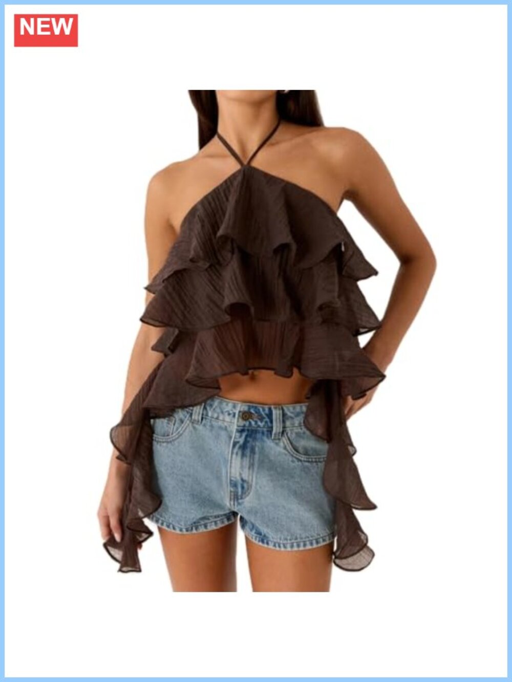 Ruffle Halter Crop Top Layered Ruffle Hem Tie Asymmetrical Cami
